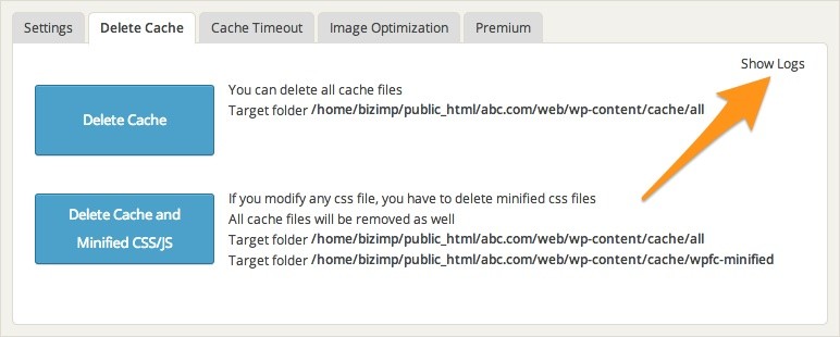 Delete Cache Logs Button