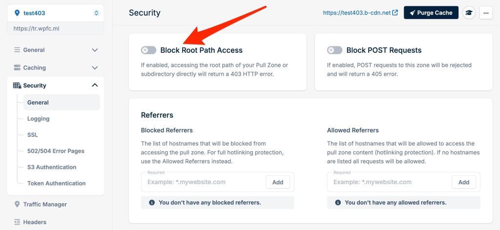 BunnyCDN: Security Panel Interface