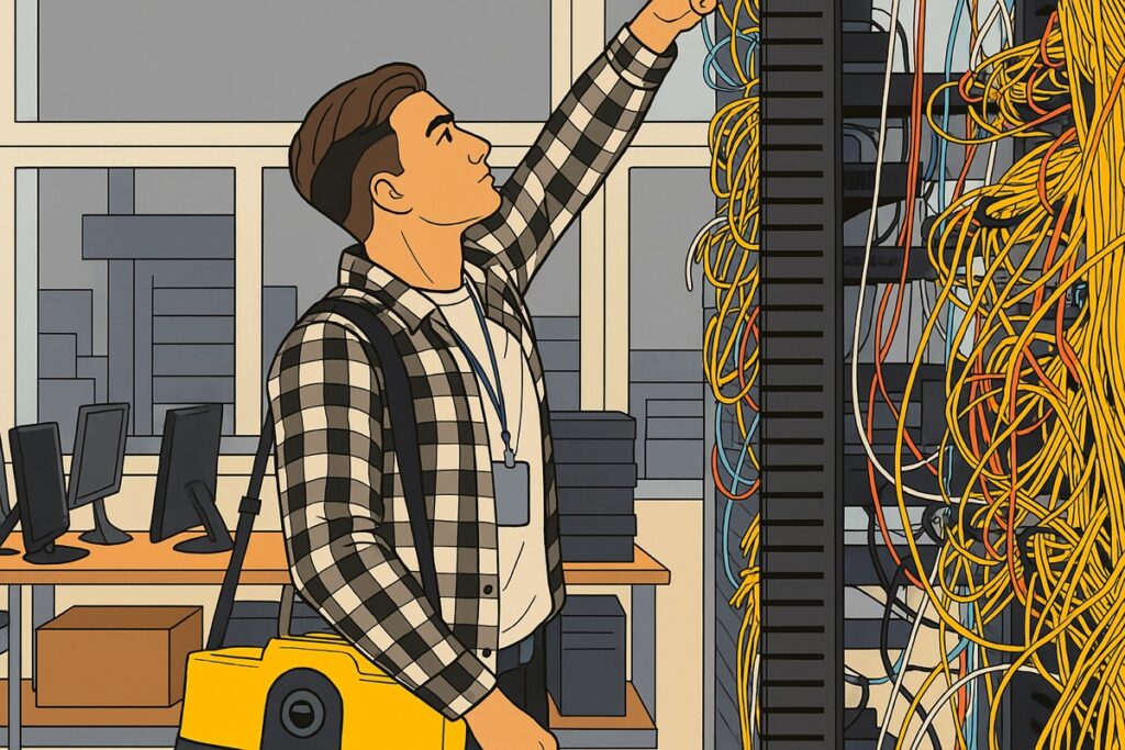 IT Technician Organizing Network Cables in Server Room