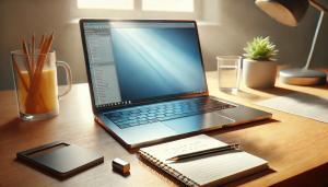 Workspace Essentials: Laptop, Notepad, and Pencil