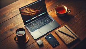 Workspace Serenity: Tech and Tea on a Wooden Desk