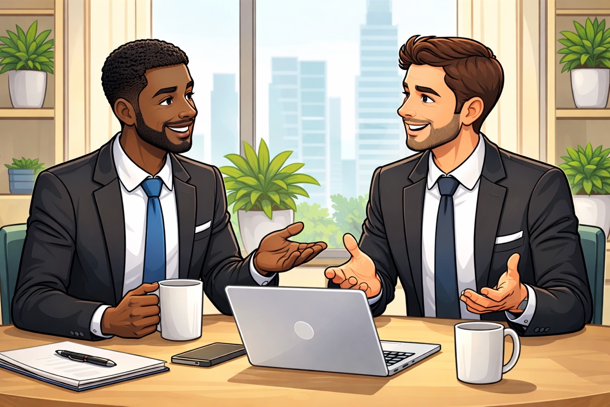 Men in Black Blazer Sitting Near the Table while Having Conversation